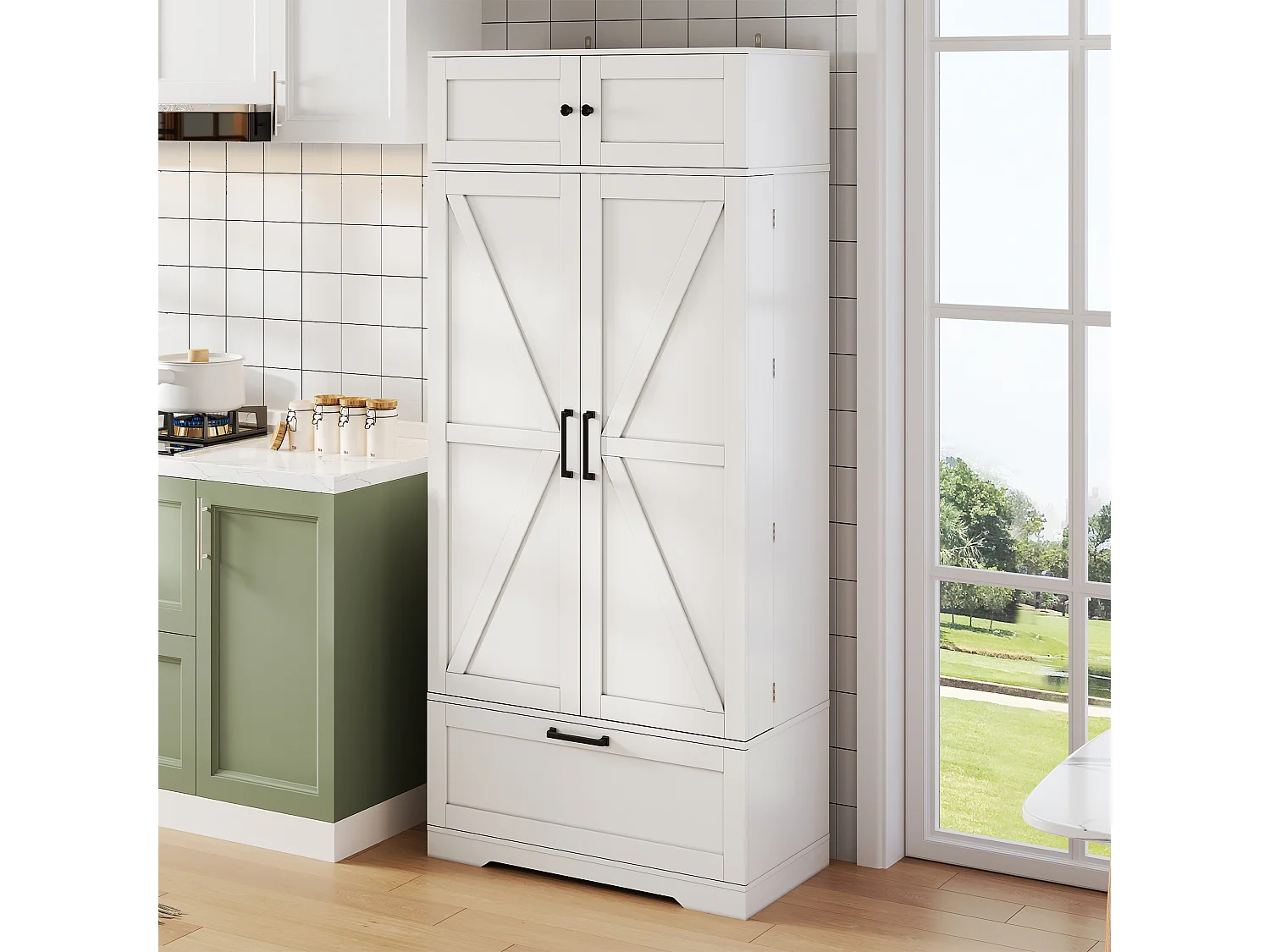 Buffet Cuisine avec 4 Portes et 1 Tiroirs, Vaisselier Haut avec Poignée en Métal Rétro, Blanc