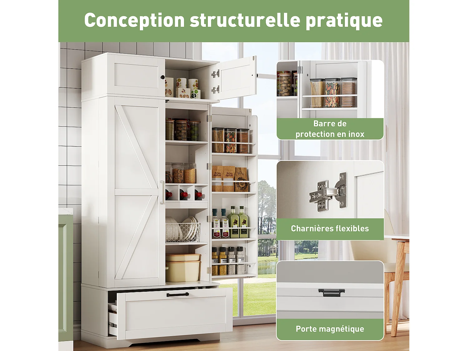 Buffet Cuisine avec 4 Portes et 1 Tiroirs, Vaisselier Haut avec Poignée en Métal Rétro, Blanc