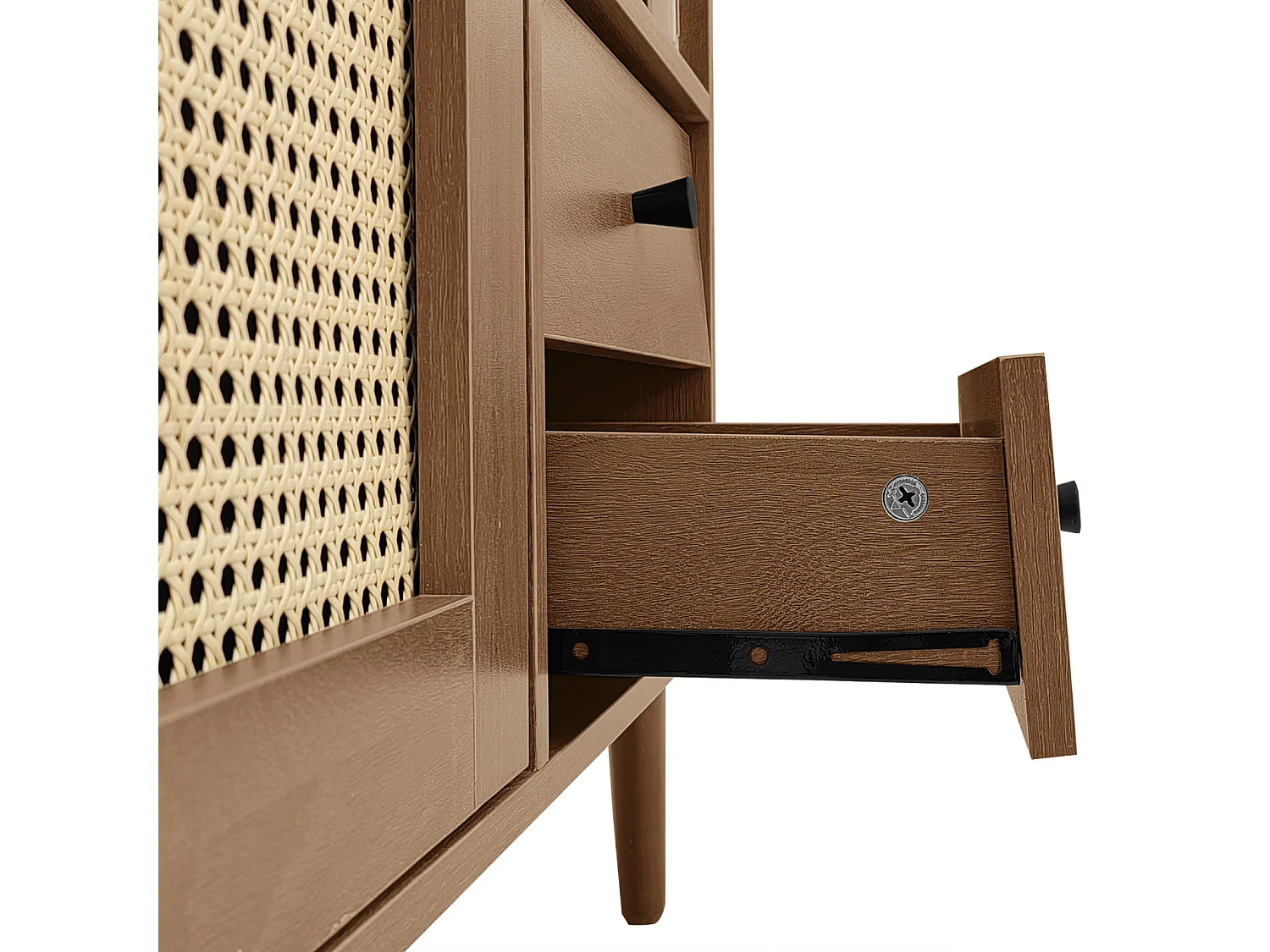 Aparador con inserto de ratán - Cómoda moderna con 3 puertas y 2 cajones irregulares - Madera oscura