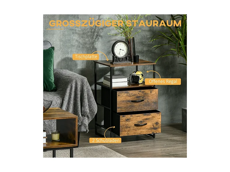 Table de Chevet avec 2 Tiroirs Tissus Table d'appoint Meuble de Rangement, 45 x 40 x 70 cm, Bois