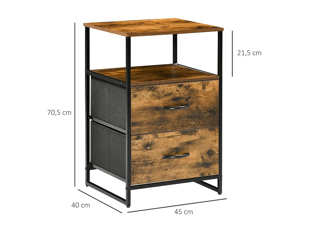 Comodino con 2 cassetti in tessuto, mobiletto portaoggetti, 45 x 40 x 70 cm, legno