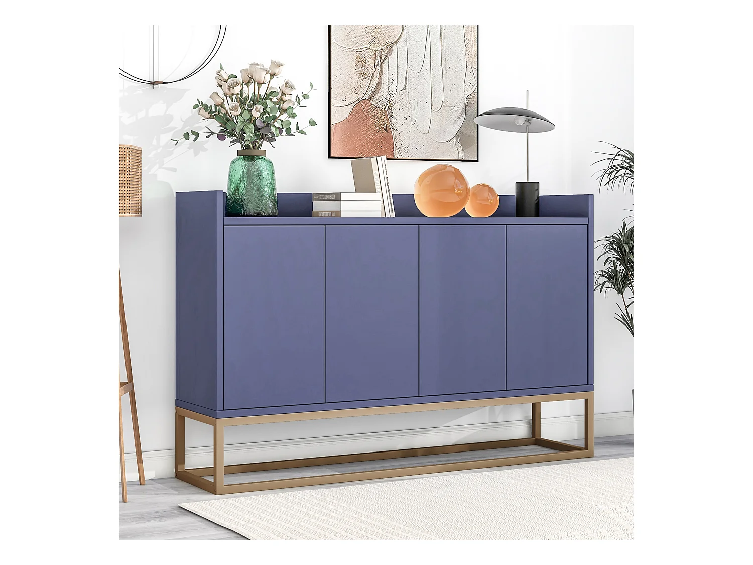 Buffet Bas, Meuble de Cuisine avec 4 Portes et étagères réglables, pour Salle à Manger, Salon, Bleu