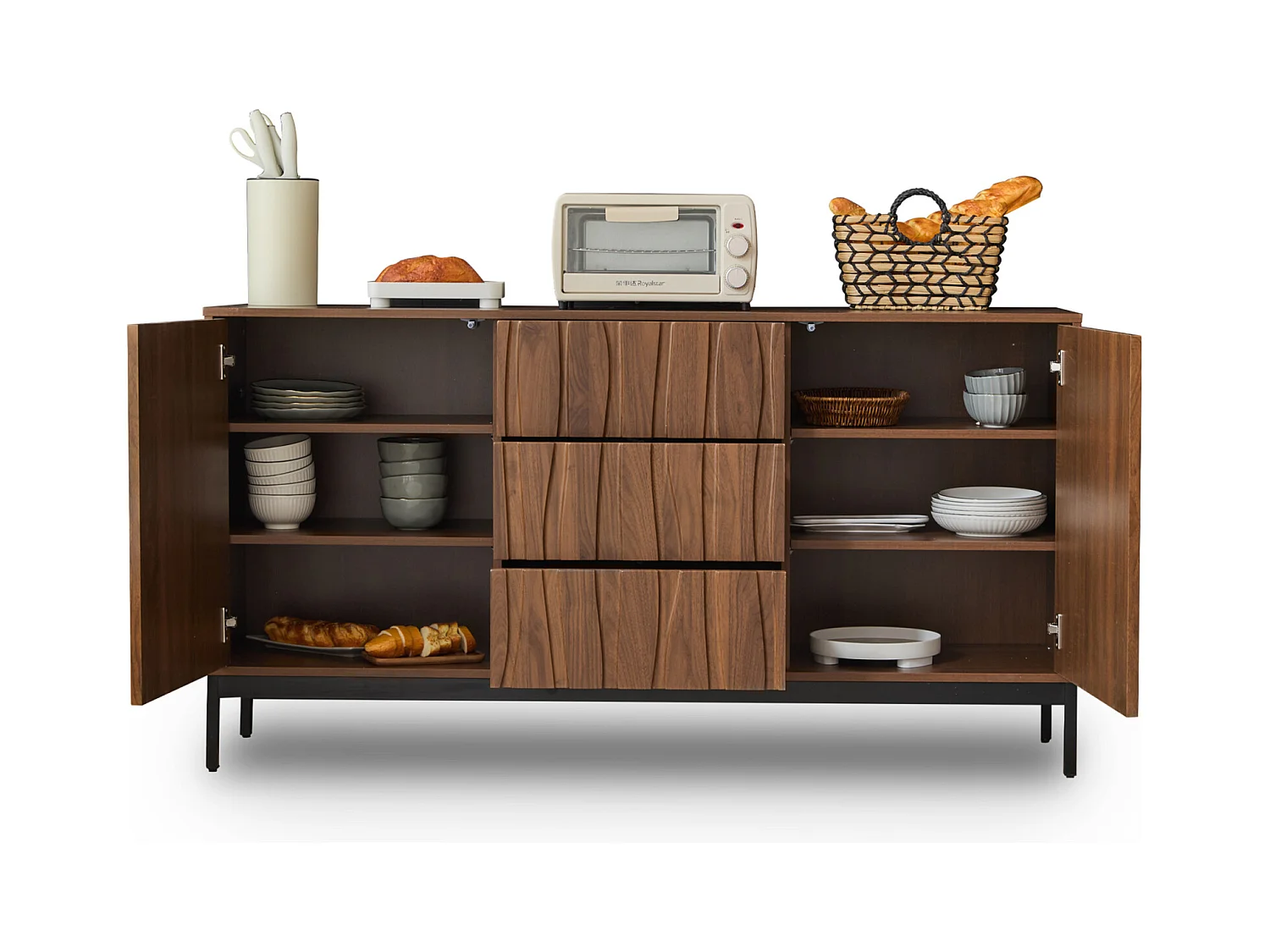 Buffet à 3 tiroirs - Armoire de cuisine, de salon - En bois de chêne foncé veiné - 150 x 40 x 80 cm