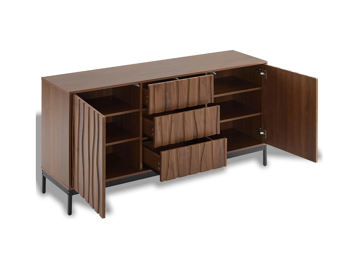 Buffet à 3 tiroirs - Armoire de cuisine, de salon - En bois de chêne foncé veiné - 150 x 40 x 80 cm