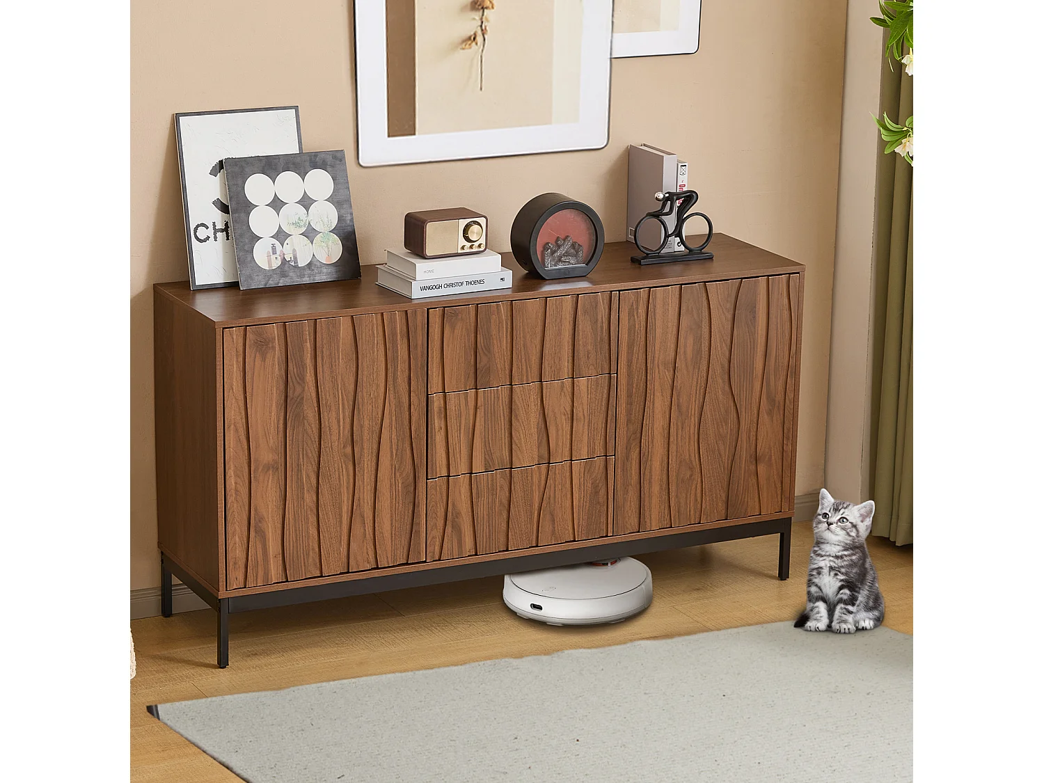 Aparador com 3 gavetas - Armário de cozinha, armário de sala de estar - Madeira de carvalho escuro - 150 x 40 x 80 cm