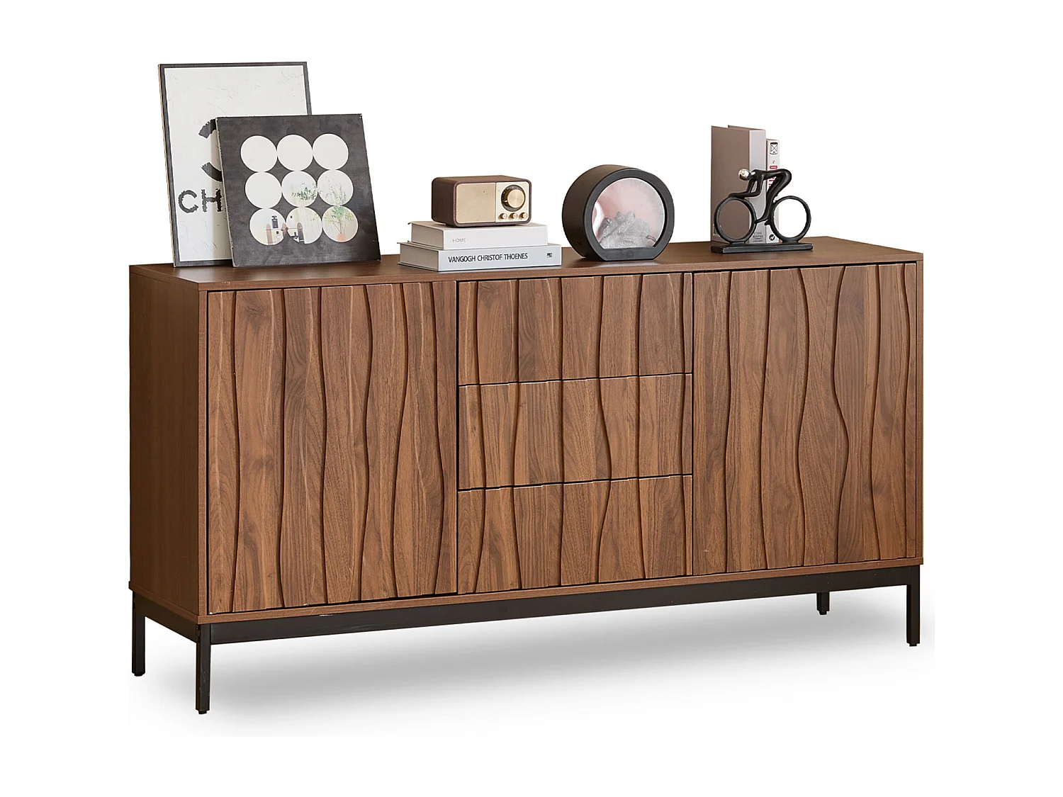 Dressoir met 3 laden - Keukenkast, woonkamerkast - Donker geaderd eikenhout - 150 x 40 x 80 cm