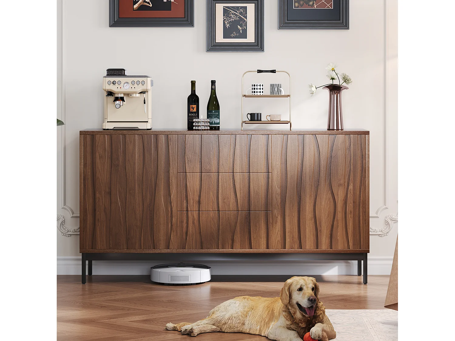 Dressoir met 3 laden - Keukenkast, woonkamerkast - Donker geaderd eikenhout - 150 x 40 x 80 cm