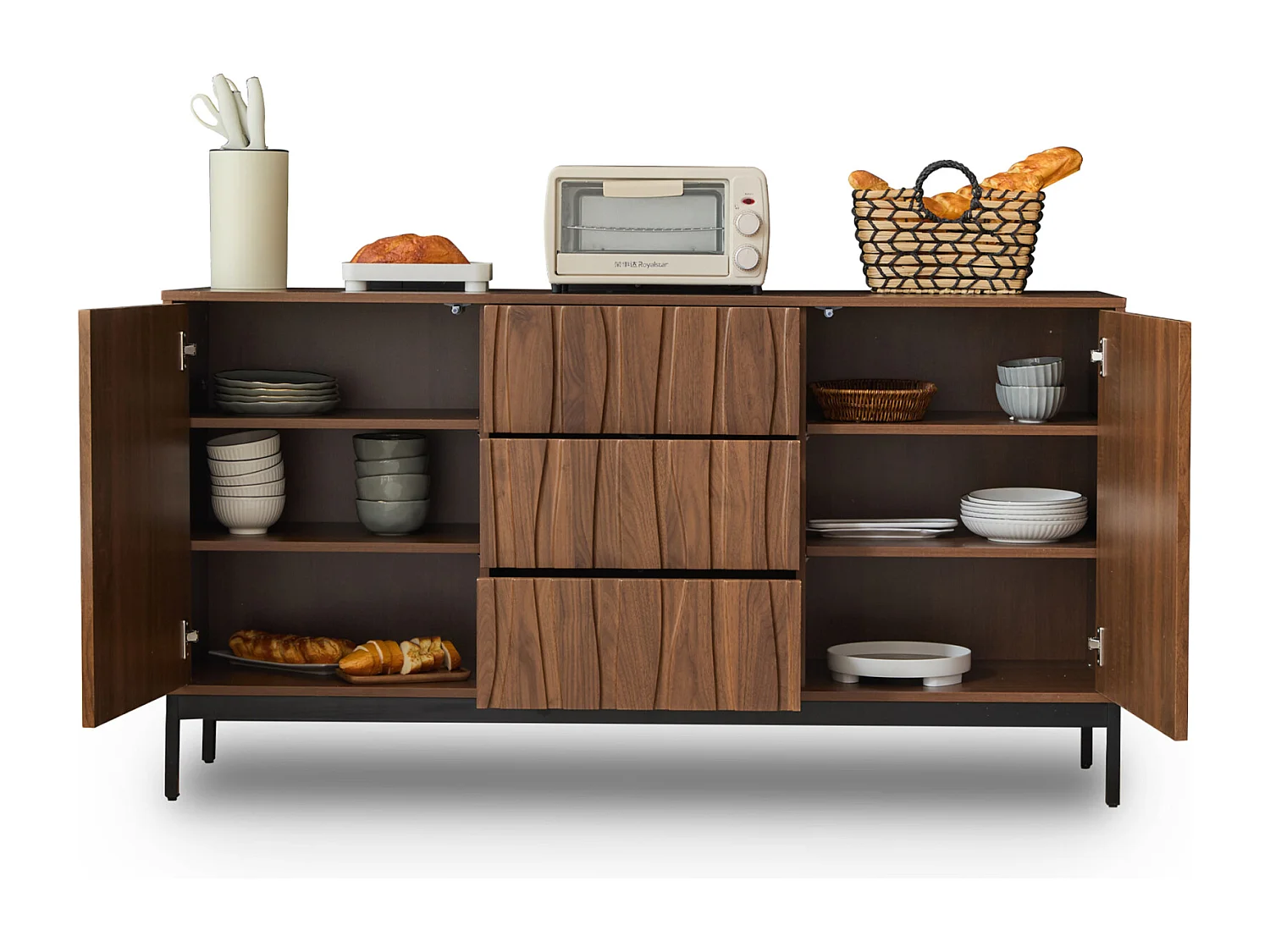 Dressoir met 3 laden - Keukenkast, woonkamerkast - Donker geaderd eikenhout - 150 x 40 x 80 cm