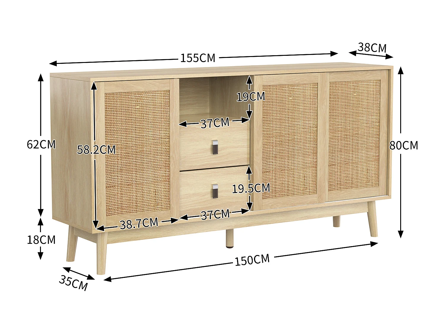 Aparador de salón con 3 puertas correderas de ratán auténtico y 2 cajones, mueble de almacenaje, madera