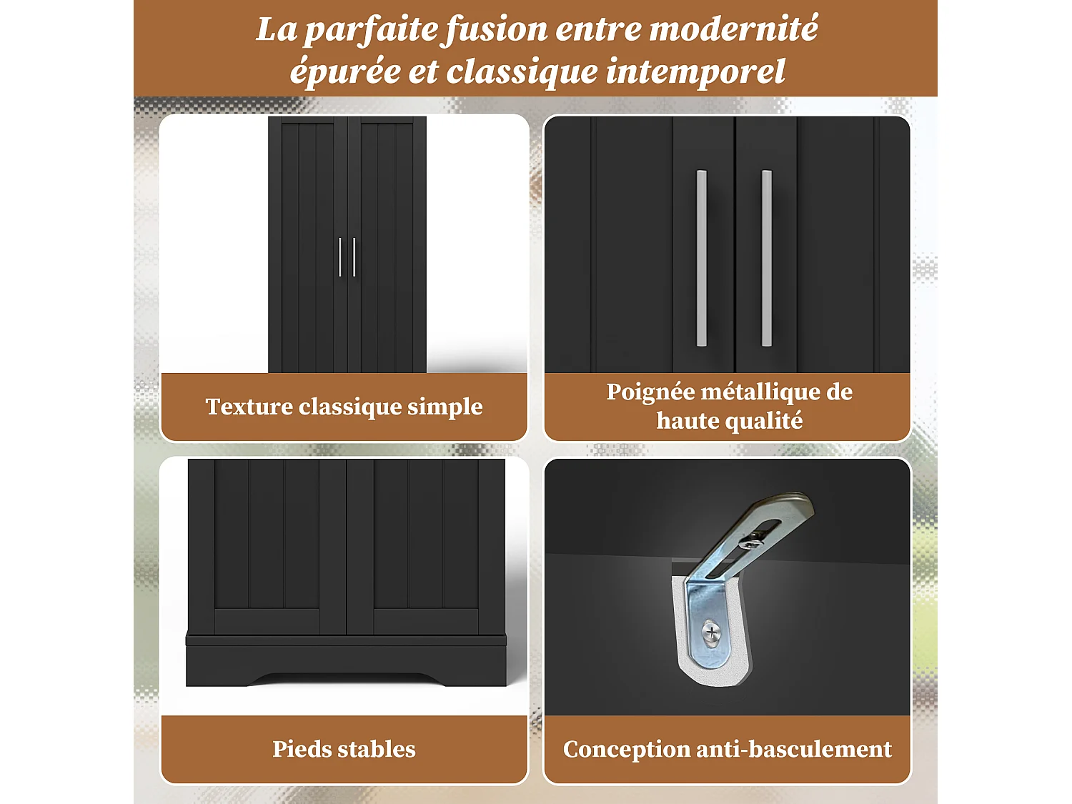 Aparador de cozinha com porta dupla e dispositivo antitombamento, 60 x 40 x 120 cm, preto