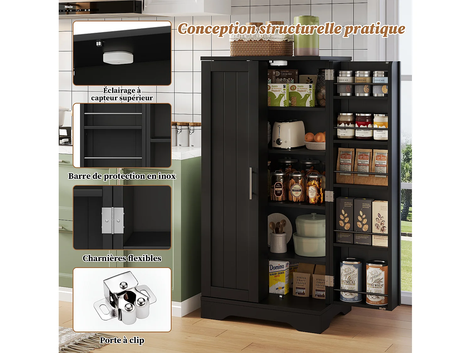 Buffet de Cuisine à Double Porte, avec Dispositif Anti-basculement, 60 x 40 x 120 cm, Noir