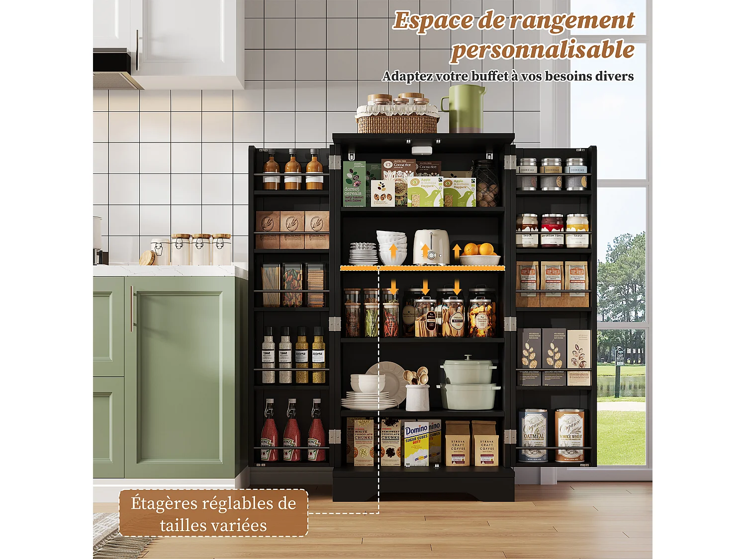 Buffet de Cuisine à Double Porte, avec Dispositif Anti-basculement, 60 x 40 x 120 cm, Noir