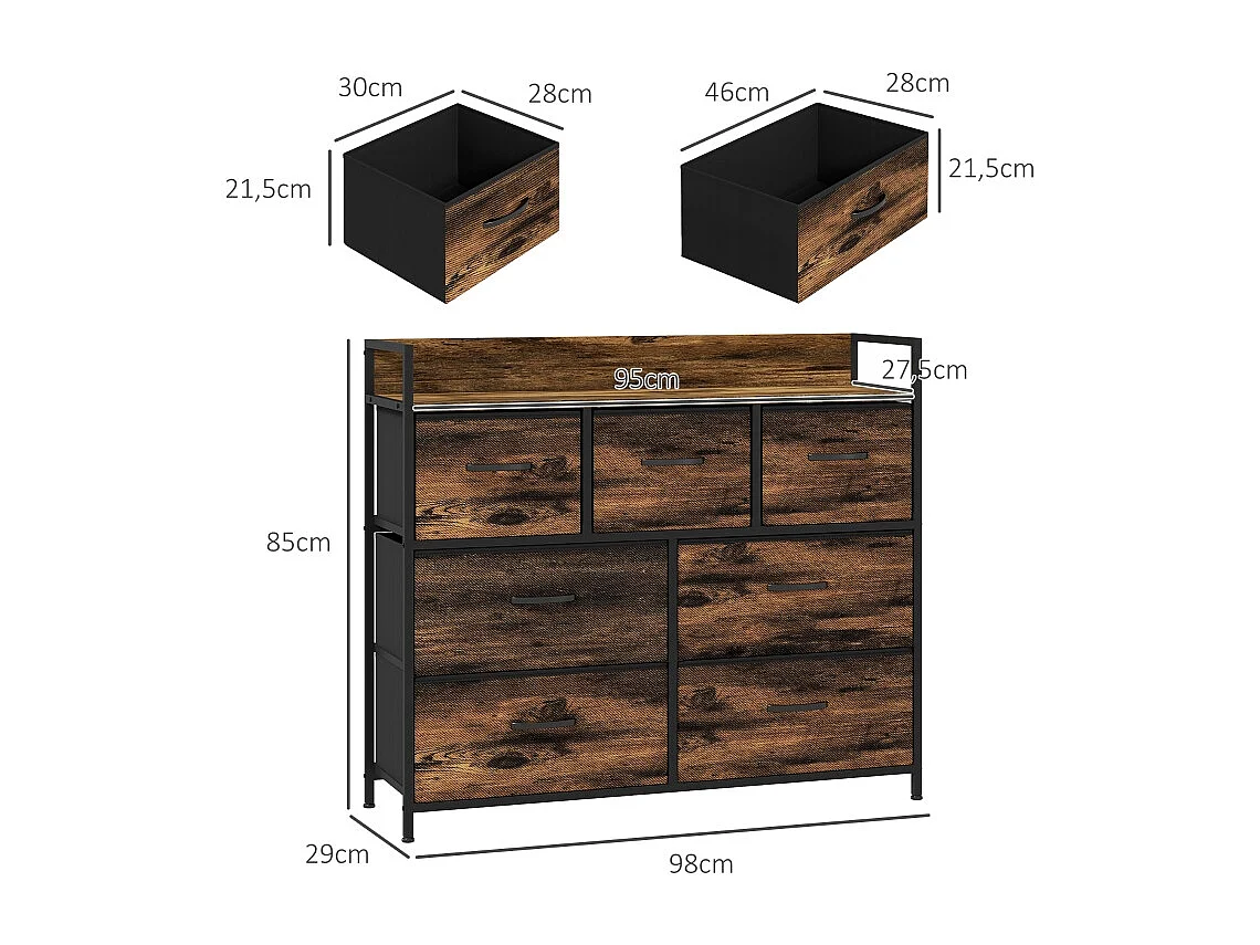 Ladekast, kledingkast, opbergmeubel, 5 stoffen lades met handgrepen, metalen frame, bruin