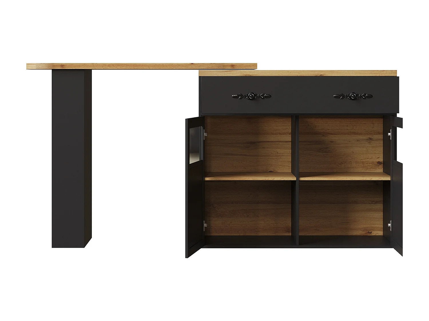 Bar dressoir - uitschuifbaar opbergmeubel met lades en 360° draaibaar, Zwart, 138-204x39x104 cm