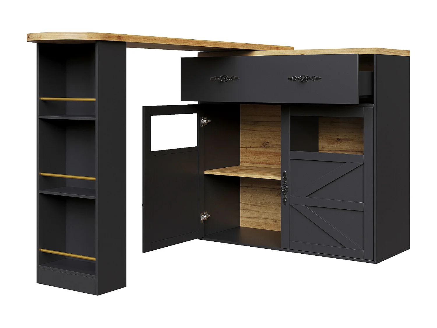 Bar dressoir - uitschuifbaar opbergmeubel met lades en 360° draaibaar, Zwart, 138-204x39x104 cm