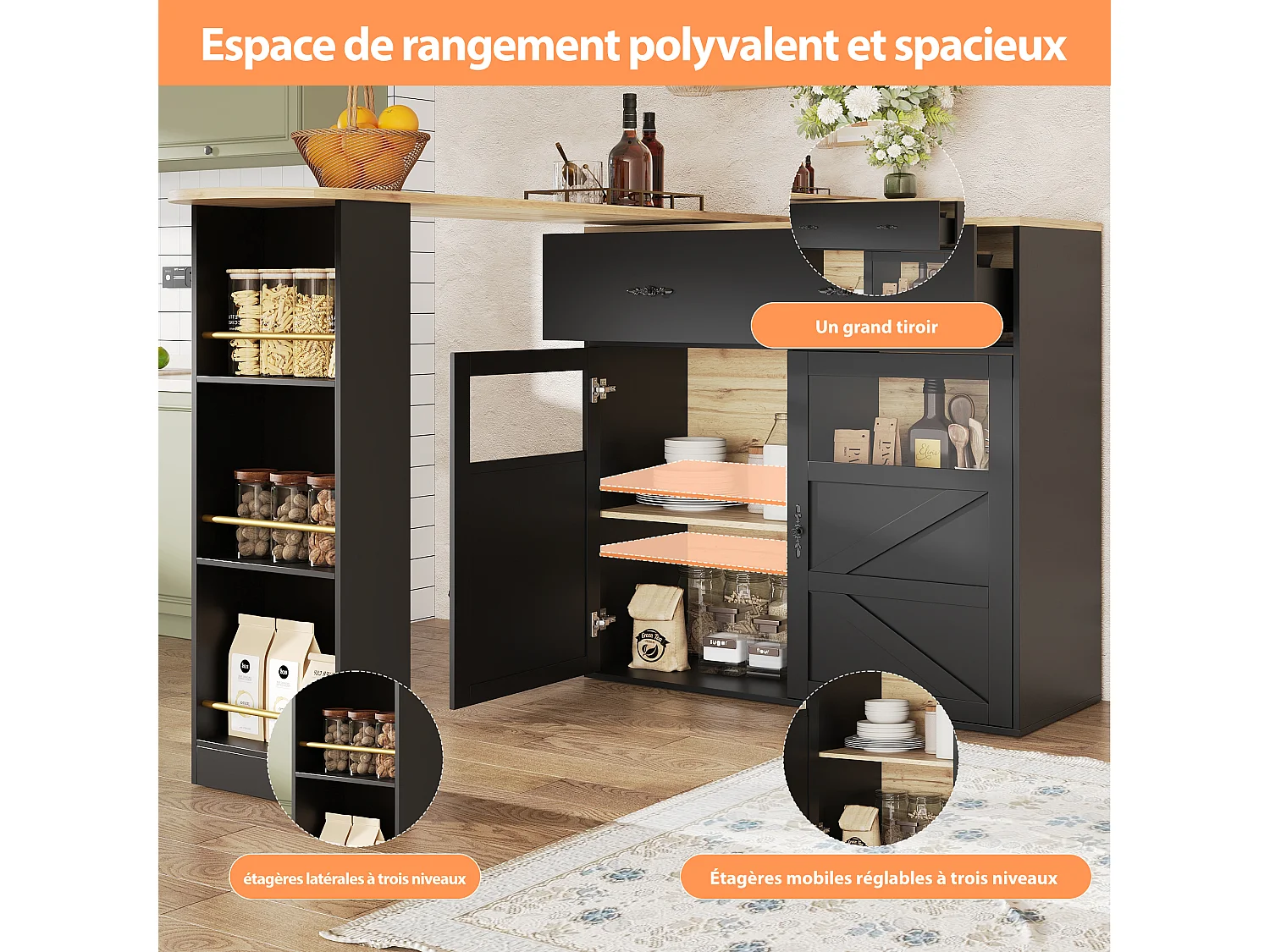 Bar dressoir - uitschuifbaar opbergmeubel met lades en 360° draaibaar, Zwart, 138-204x39x104 cm