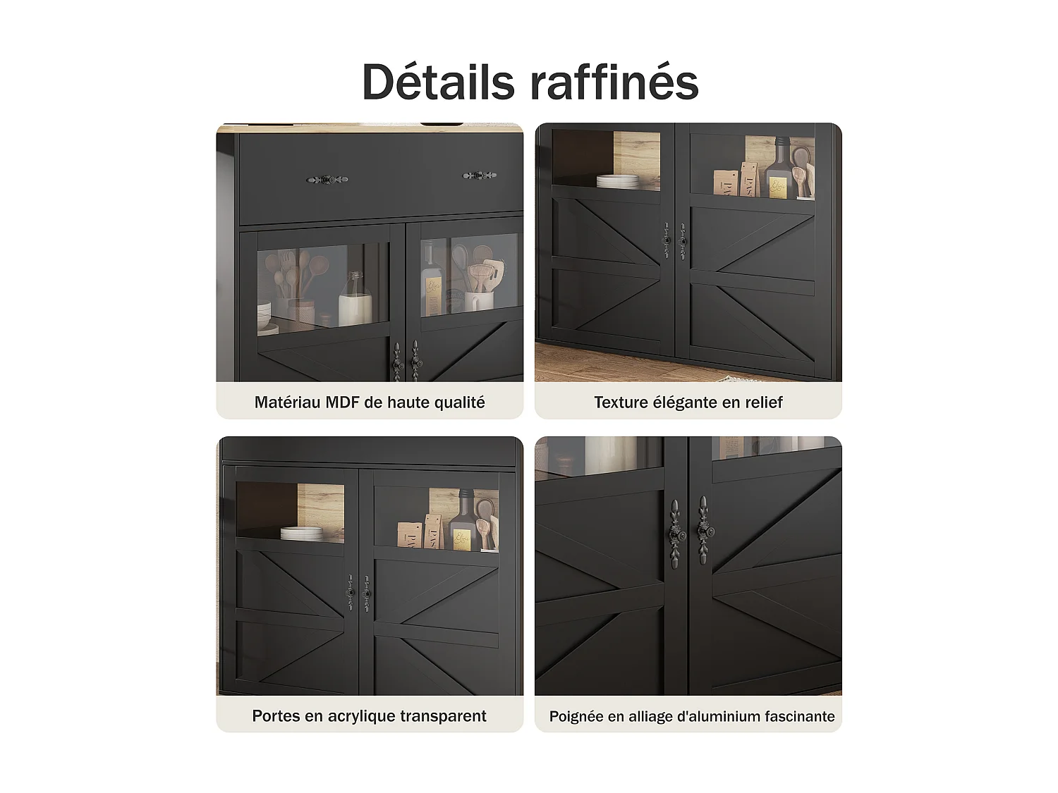 Bar dressoir - uitschuifbaar opbergmeubel met lades en 360° draaibaar, Zwart, 138-204x39x104 cm