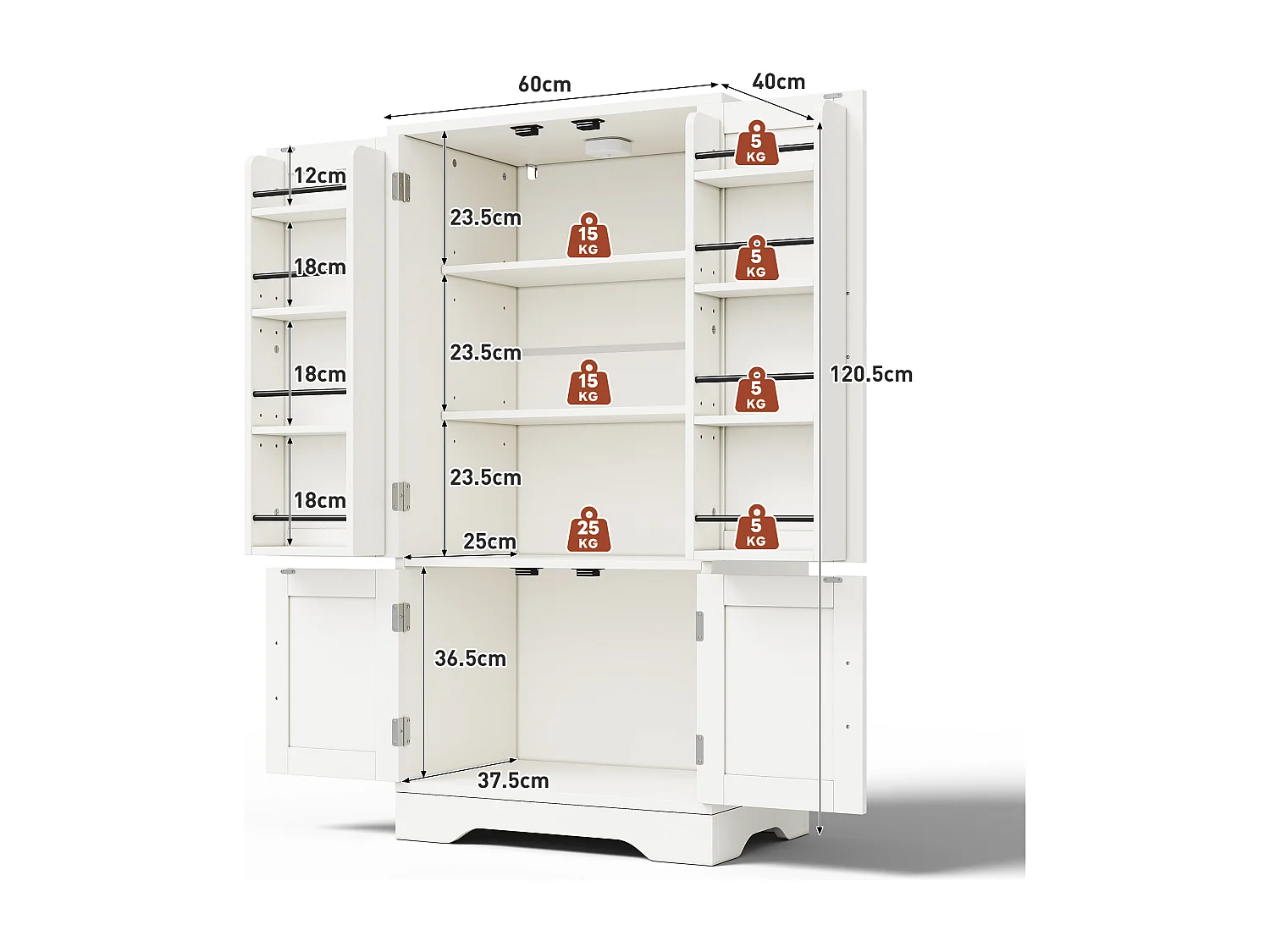 Credenza da cucina con 4 ante, 180×80×40 cm, con 4 scomparti per sala da pranzo, bianca