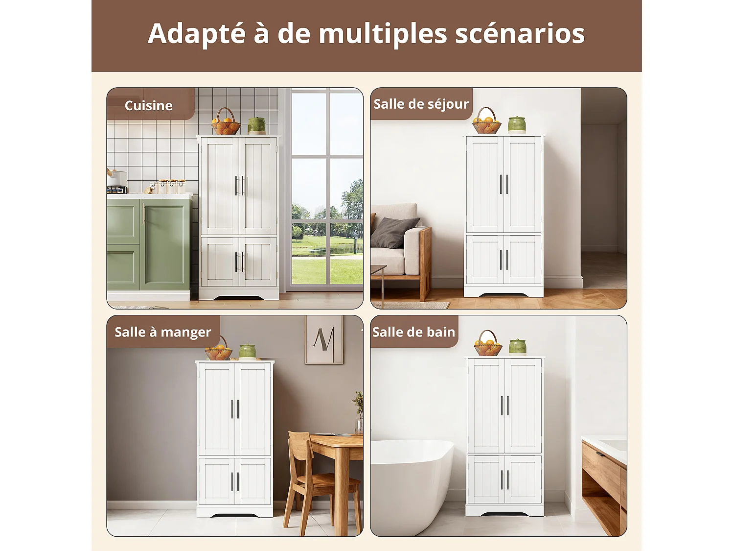 Credenza da cucina con 4 ante, 180×80×40 cm, con 4 scomparti per sala da pranzo, bianca