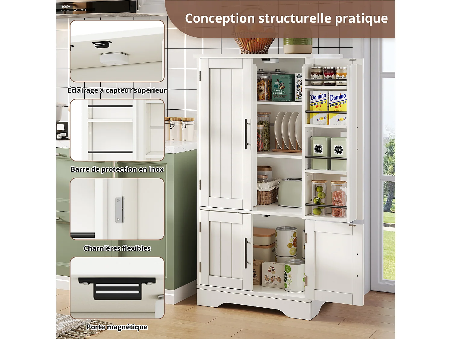 Credenza da cucina con 4 ante, 180×80×40 cm, con 4 scomparti per sala da pranzo, bianca