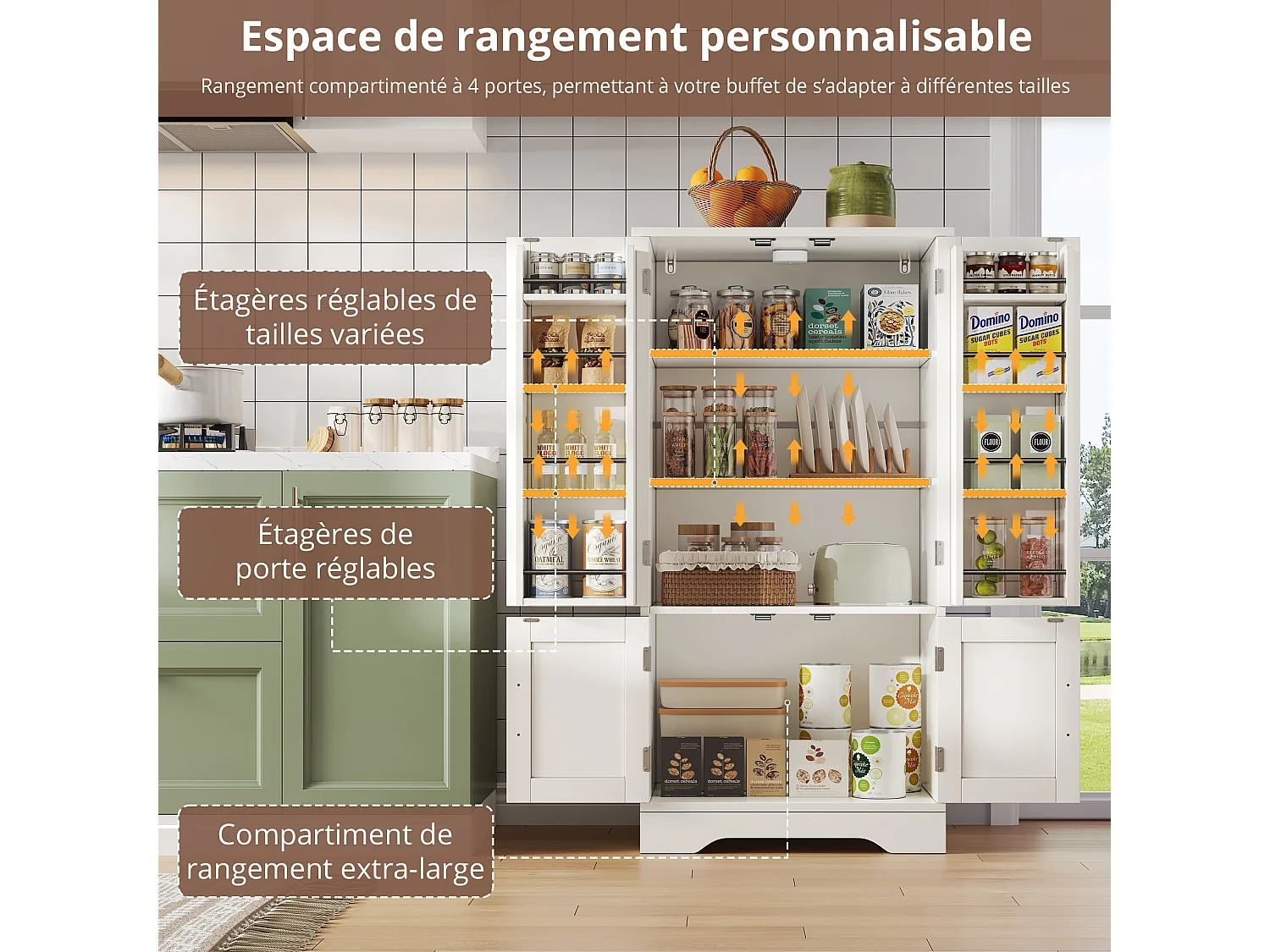 Buffet Cuisine avec 4 Portes, 180×80×40 cm, avec 4 Compartiments pour Salle à Manger, Blanc