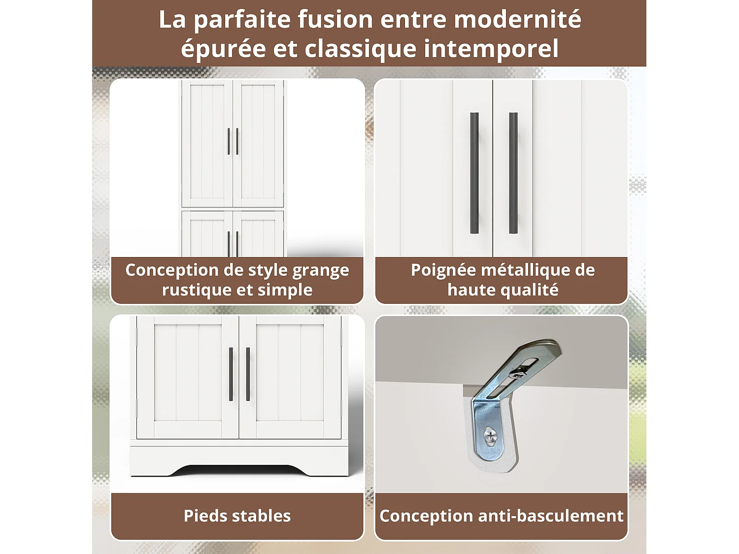 Buffet Cuisine avec 4 Portes, 180×80×40 cm, avec 4 Compartiments pour Salle à Manger, Blanc