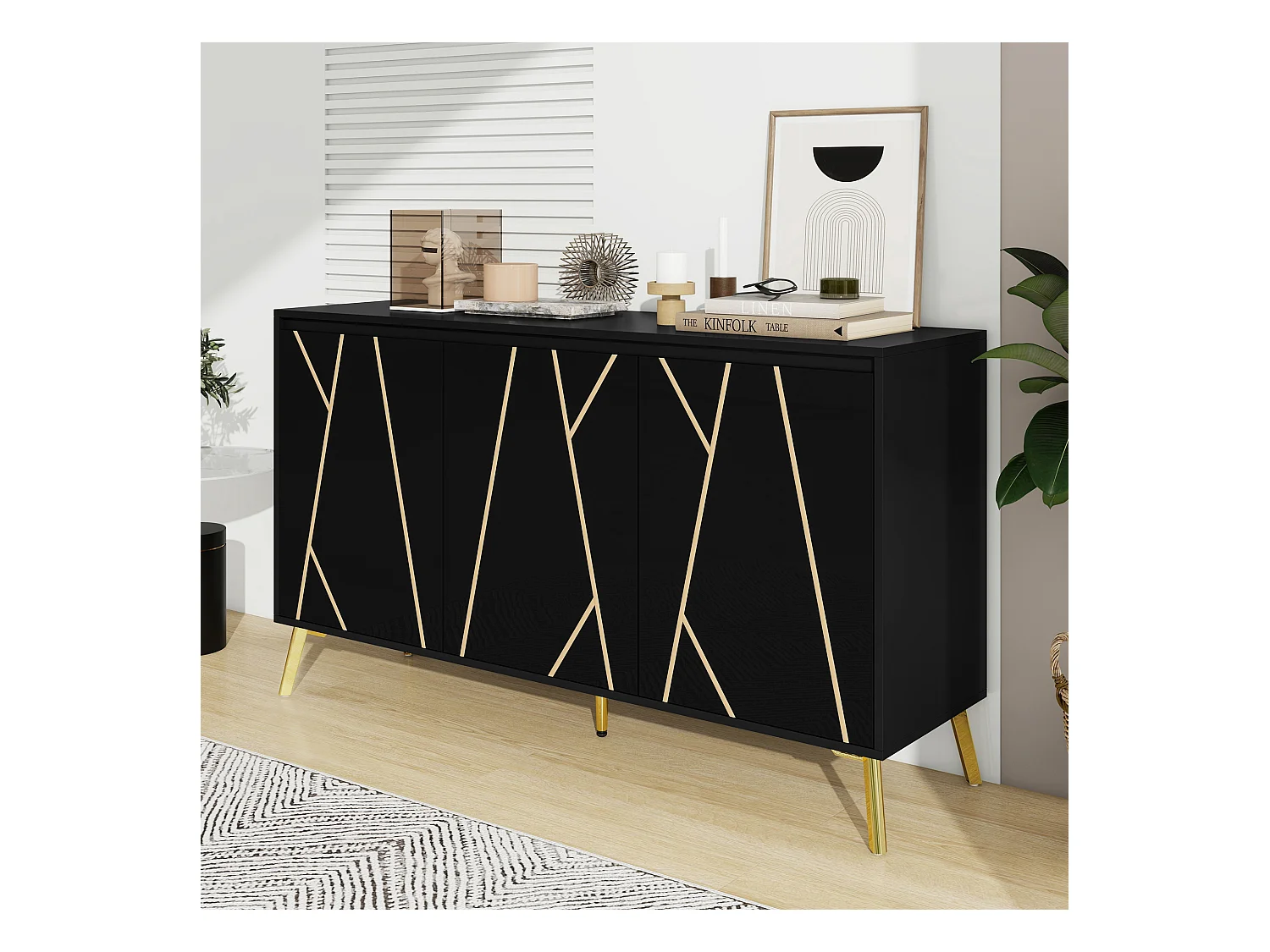 Buffet moderne avec 3 portes - 140 x 40 x 80 cm - MDF - pour salon ou cuisine - Noir et or