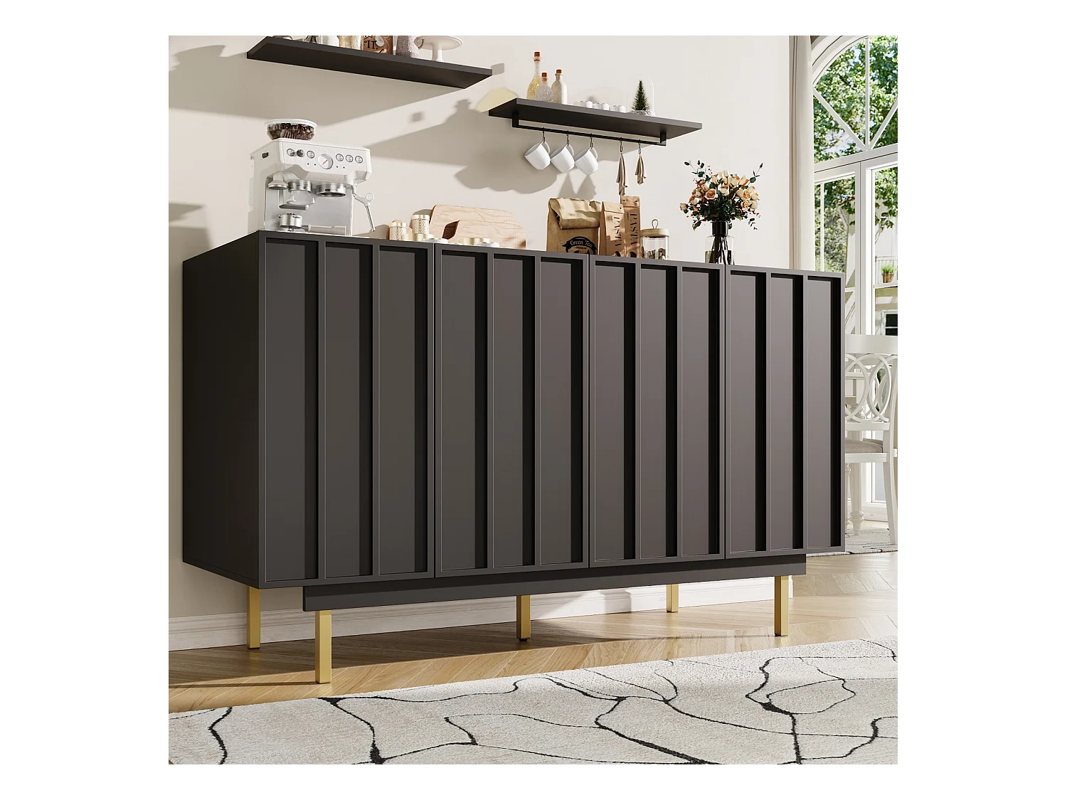 Aparador minimalista 140×38,5×82,5 cm 2 puertas y balda, para comedor y salón, Negro