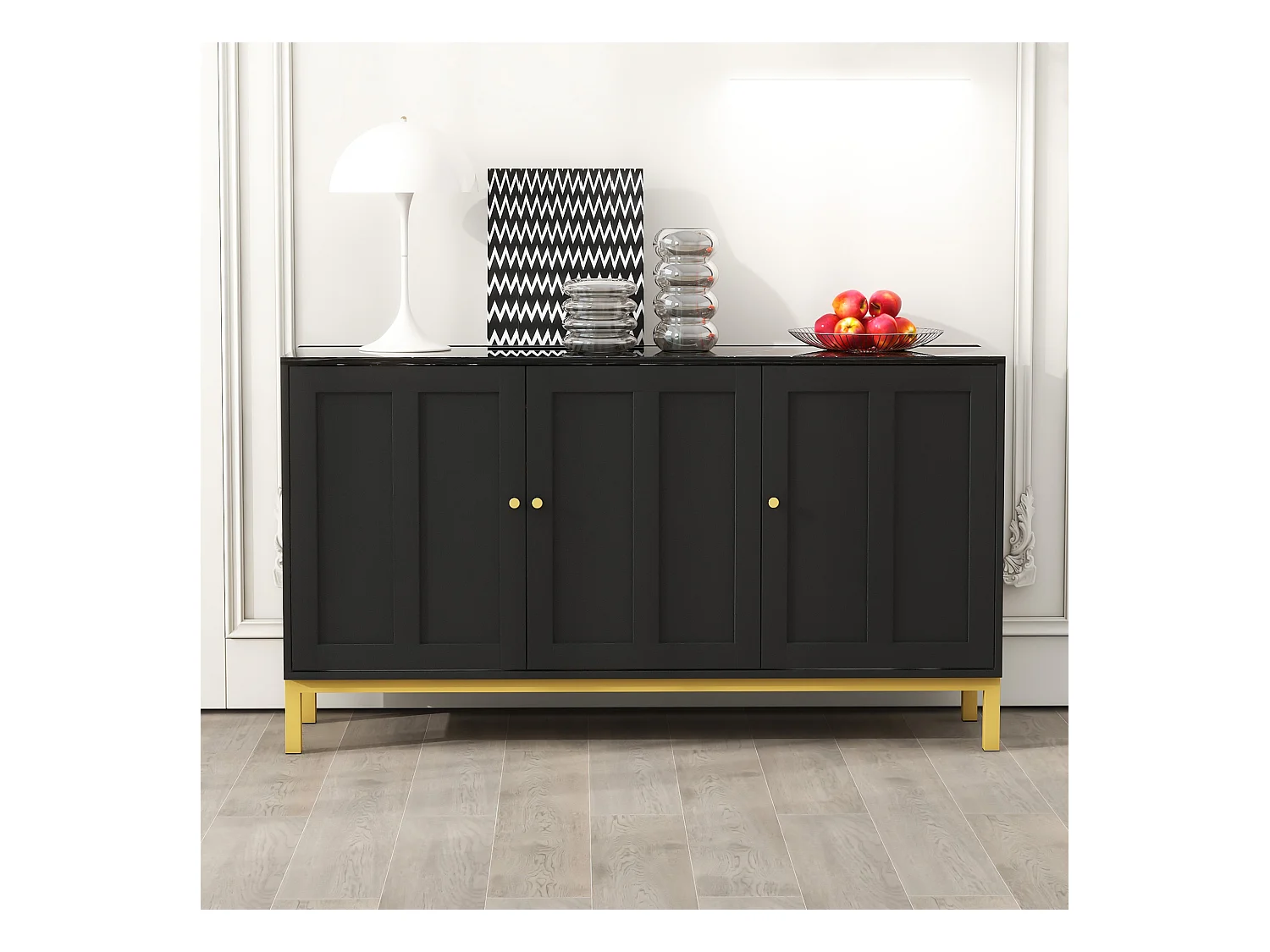 Buffet moderne avec 3 portes - 140 x 40 x 80 cm - MDF - pour salon ou cuisine - Noir et or