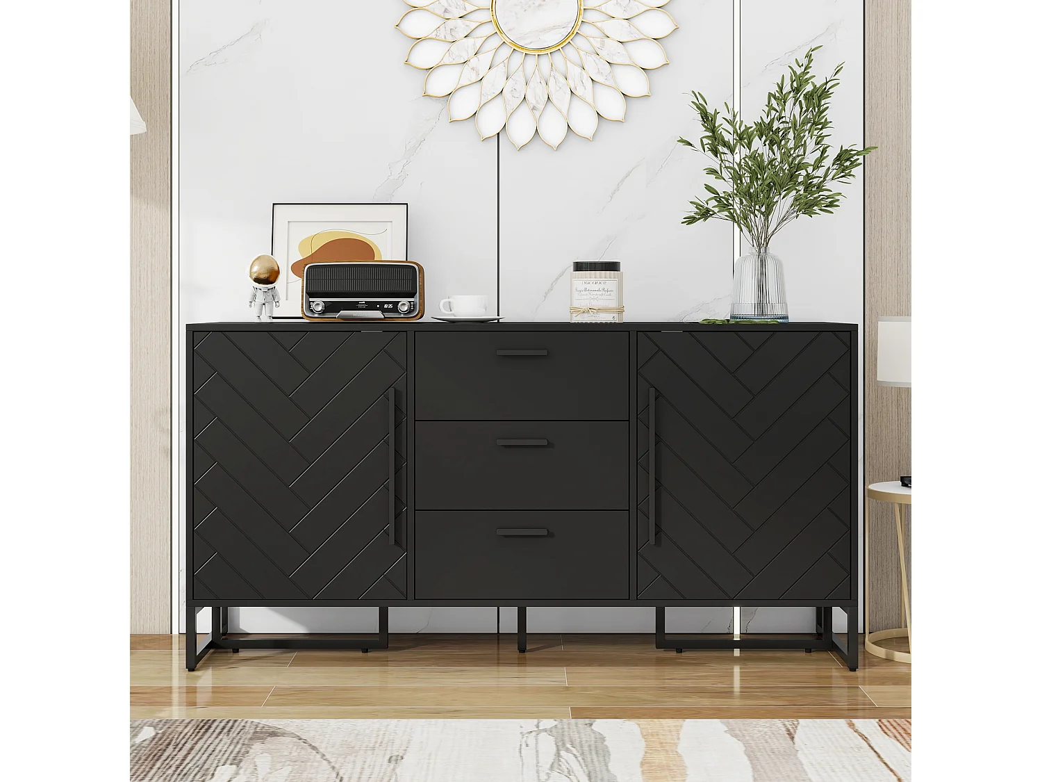 Buffet 145x40x75cm, armoire de rangement avec 3 tiroirs et 2 portes - à motif de chevrons, noir