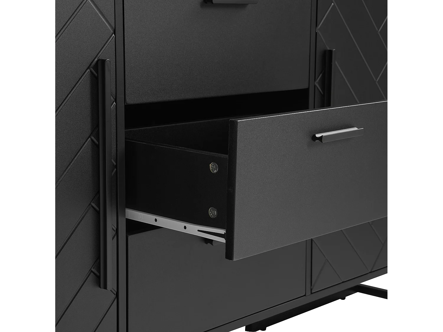 Buffet 145x40x75cm, armoire de rangement avec 3 tiroirs et 2 portes - à motif de chevrons, noir