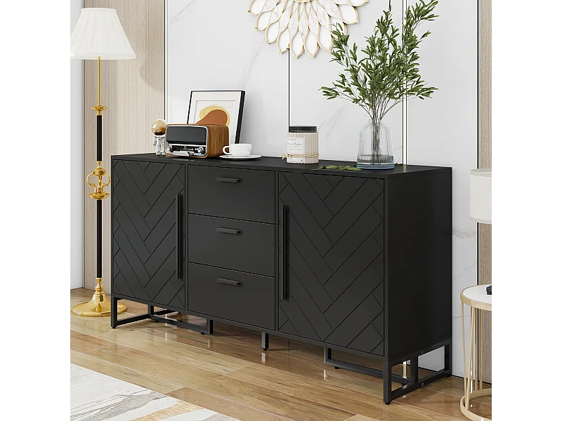 Dressoir 145x40x75cm, opbergkast met 3 laden en 2 deuren - visgraatmotief, zwart