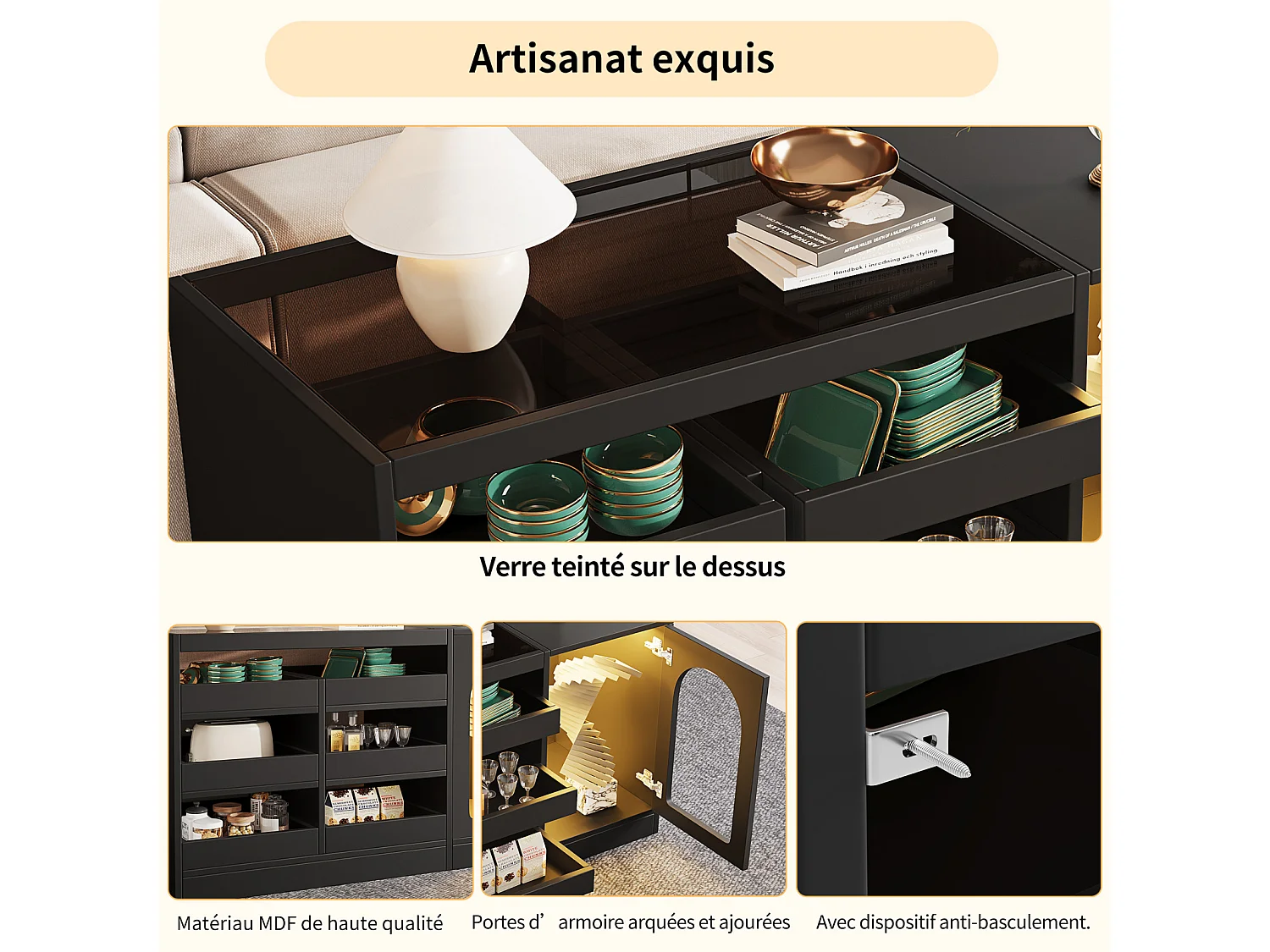 Buffet noir avec verre, 6 étagères coulissantes, porte ajourée, pour cuisine, salle à manger, salon