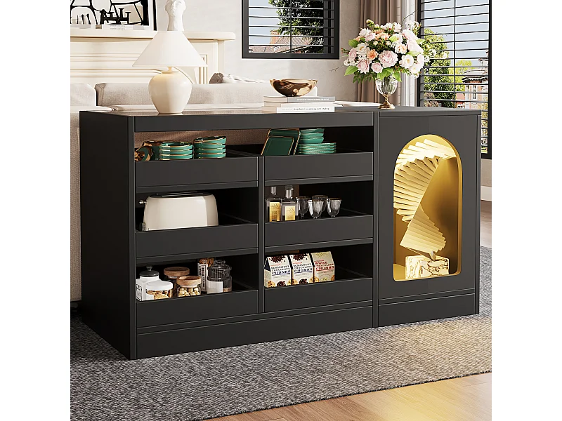 Buffet noir avec verre, 6 étagères coulissantes, porte ajourée, pour cuisine, salle à manger, salon
