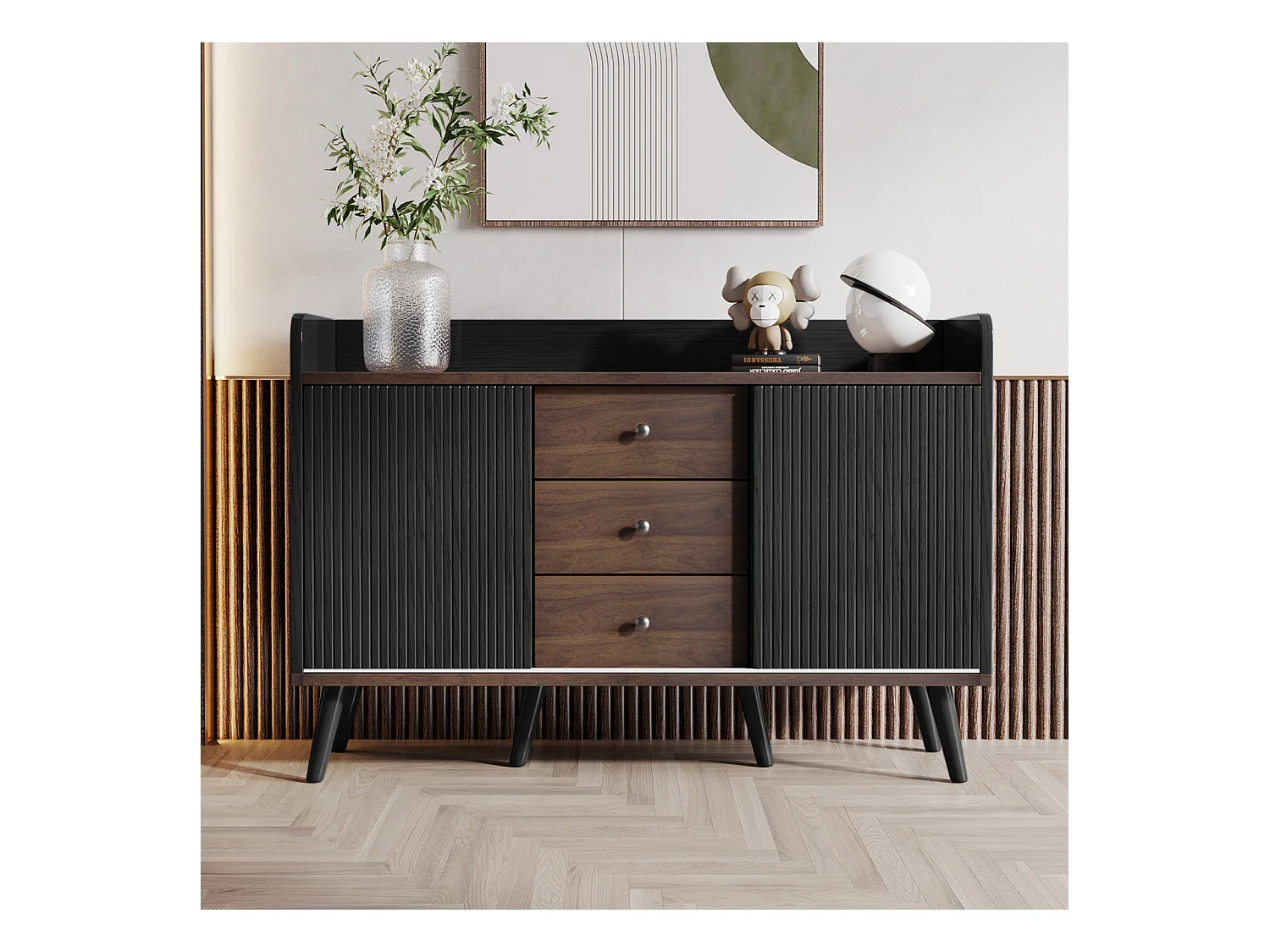 Commode en bois moderne avec portes coulissantes, armoire à 3 tiroirs, noir et bois foncé