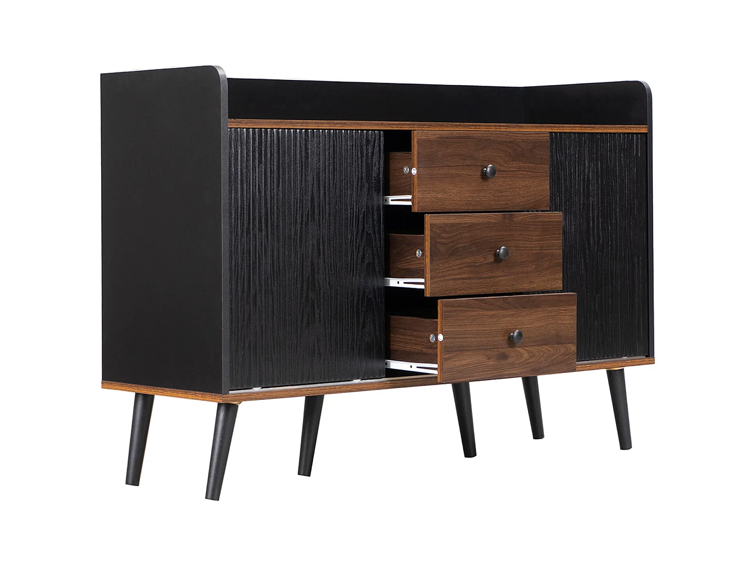 Commode en bois moderne avec portes coulissantes, armoire à 3 tiroirs, noir et bois foncé