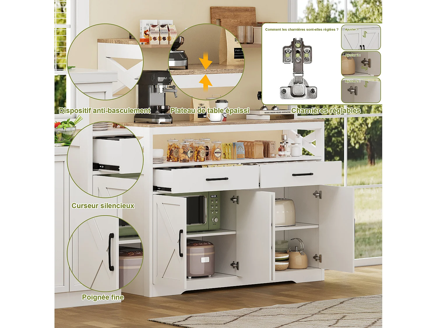 Buffet, Meuble de Rangement avec 2 Tiroirs et 4 Portes, pour Cuisine, Salon, 140x40x105 cm, Blanc