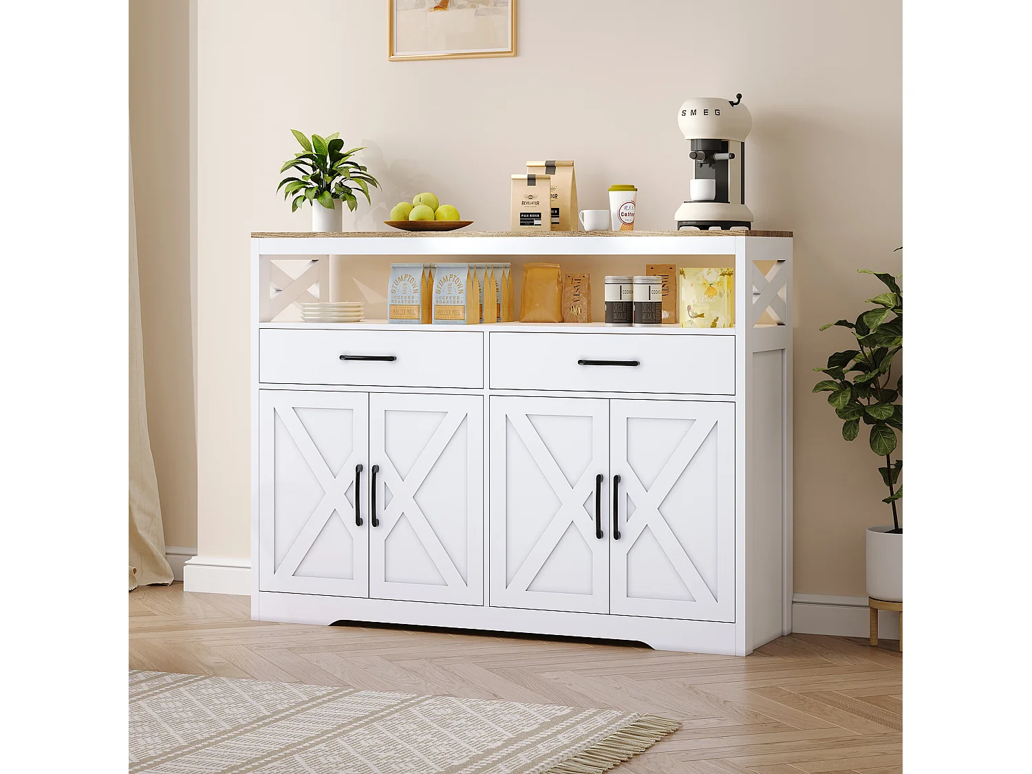 Buffet, Meuble de Rangement avec 2 Tiroirs et 4 Portes, pour Cuisine, Salon, 140x40x105 cm, Blanc
