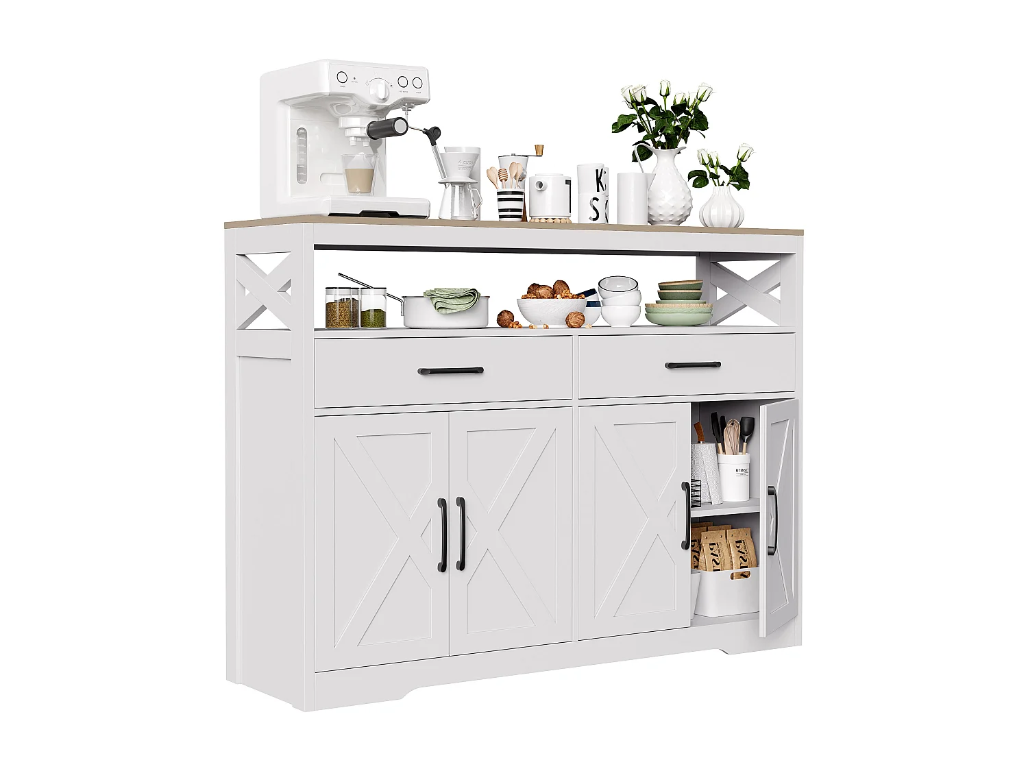 Buffet, Meuble de Rangement avec 2 Tiroirs et 4 Portes, pour Cuisine, Salon, 140x40x105 cm, Blanc