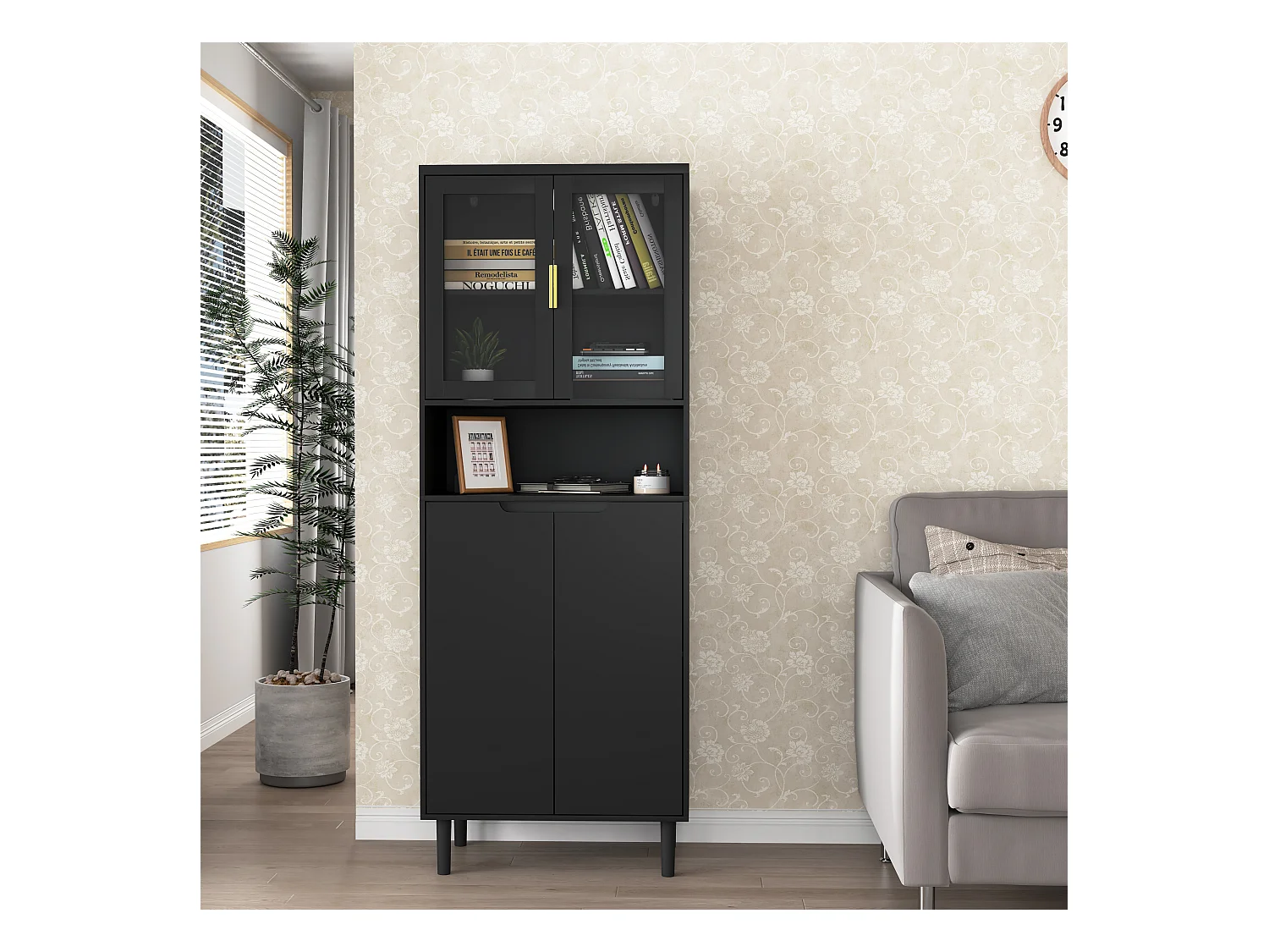 Aparador com 4 portas, 2 prateleiras ajustáveis, armário alto com expositor aberto, preto