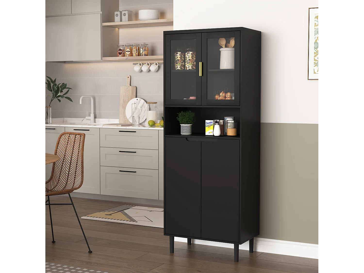 Buffet de Rangement avec 4 Portes, 2 étagères Réglables, Armoire Haute avec Présentoir Ouvert, Noir