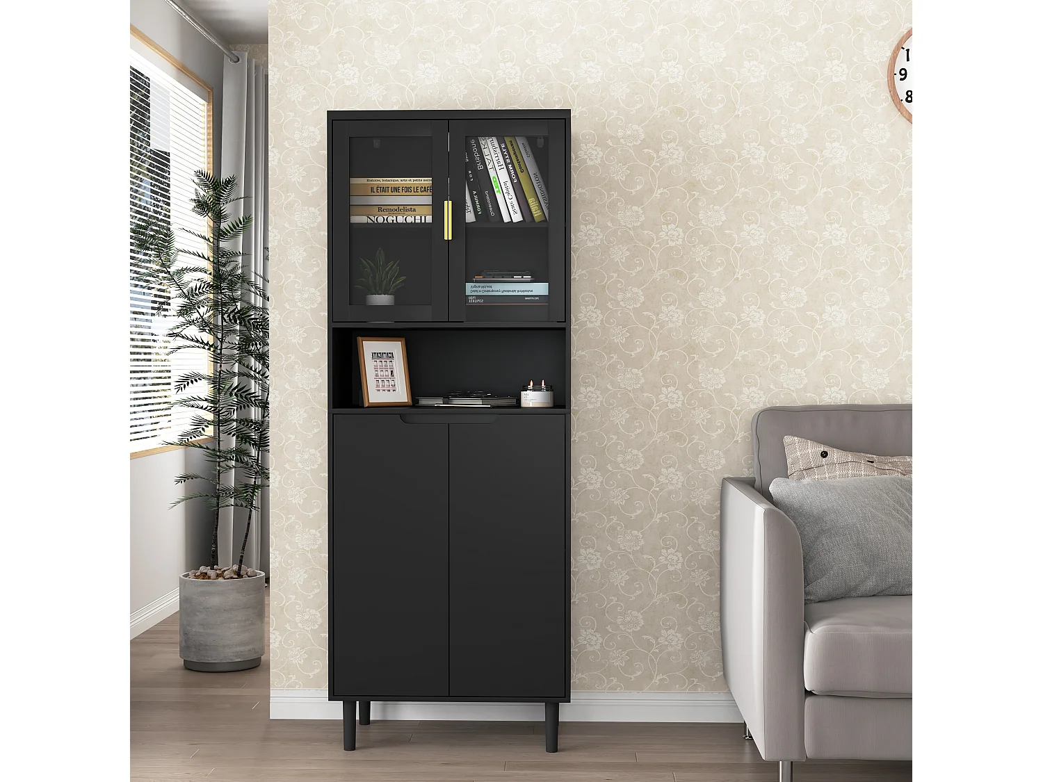 Buffet de Rangement avec 4 Portes, 2 étagères Réglables, Armoire Haute avec Présentoir Ouvert, Noir
