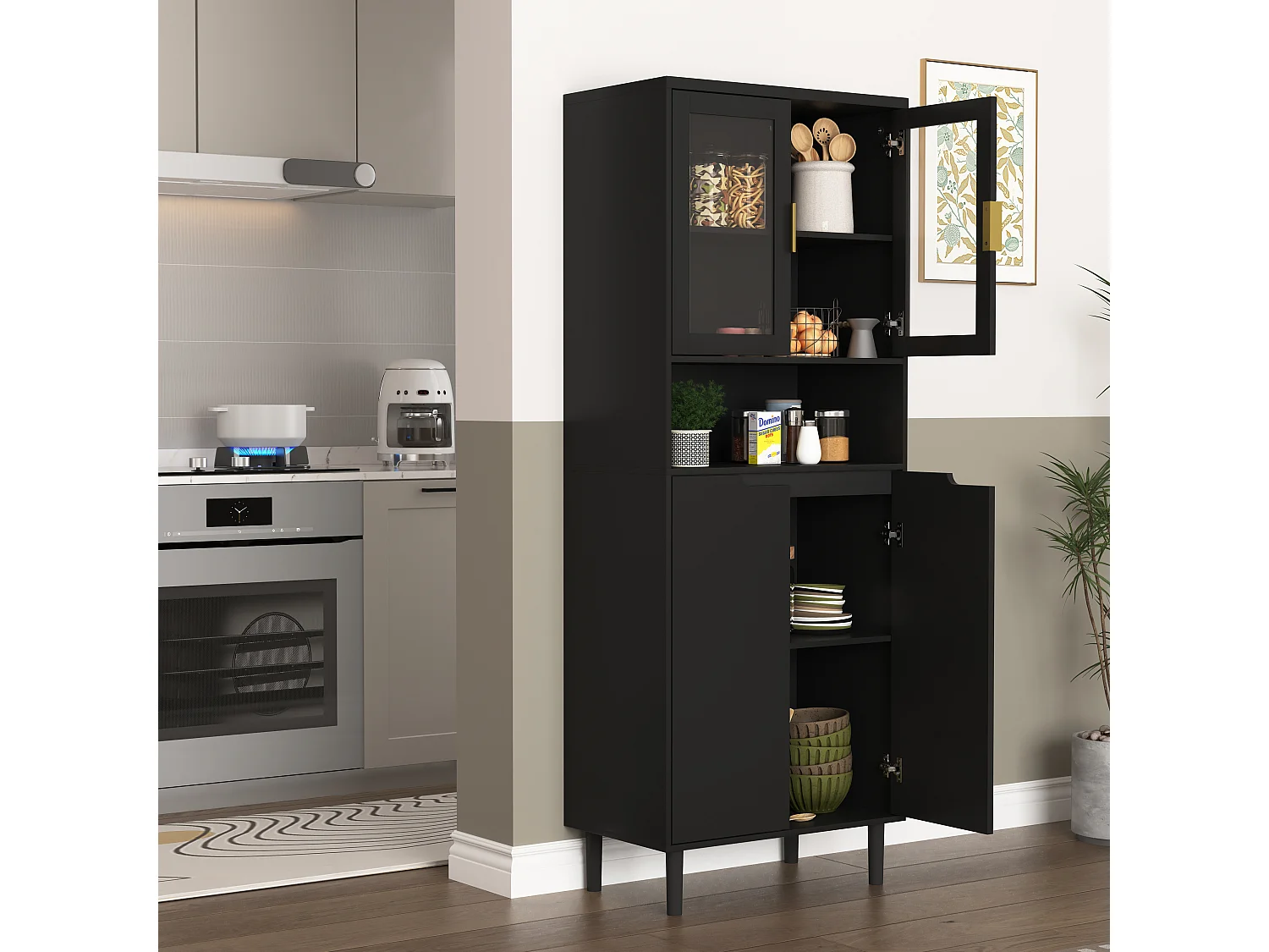 Buffet de Rangement avec 4 Portes, 2 étagères Réglables, Armoire Haute avec Présentoir Ouvert, Noir