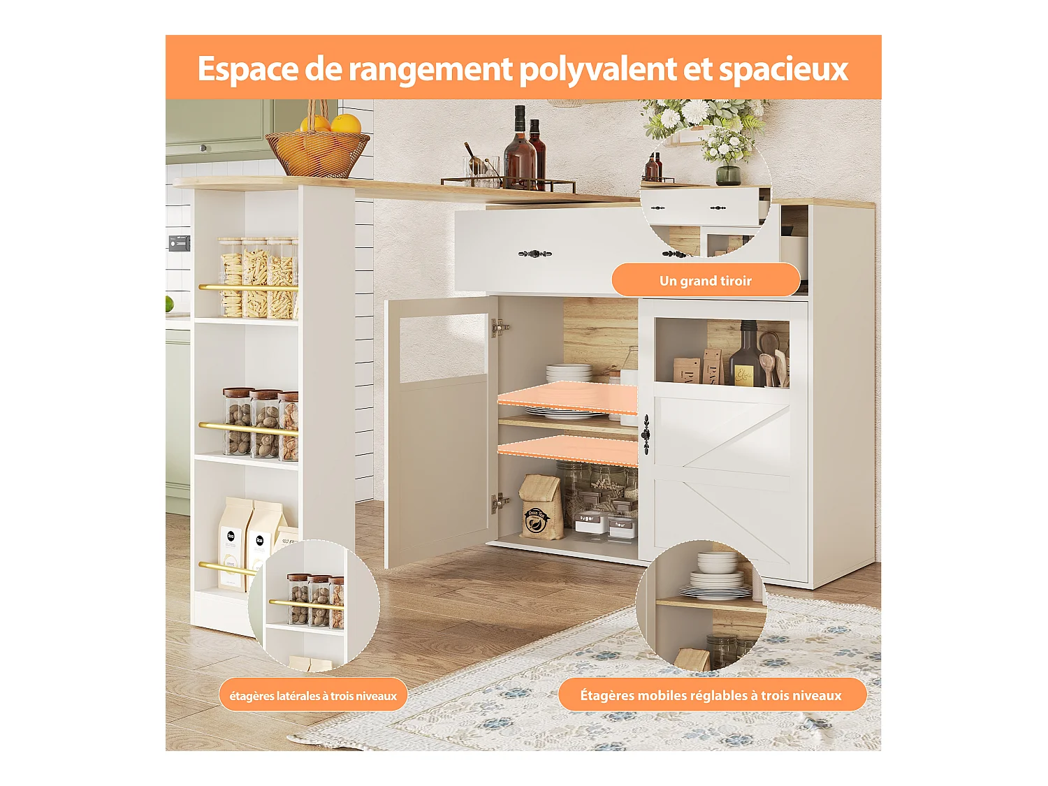 Credenza bar - mobile contenitore estensibile con cassetti e rotazione a 360°, bianco, 138-204x39x104 cm