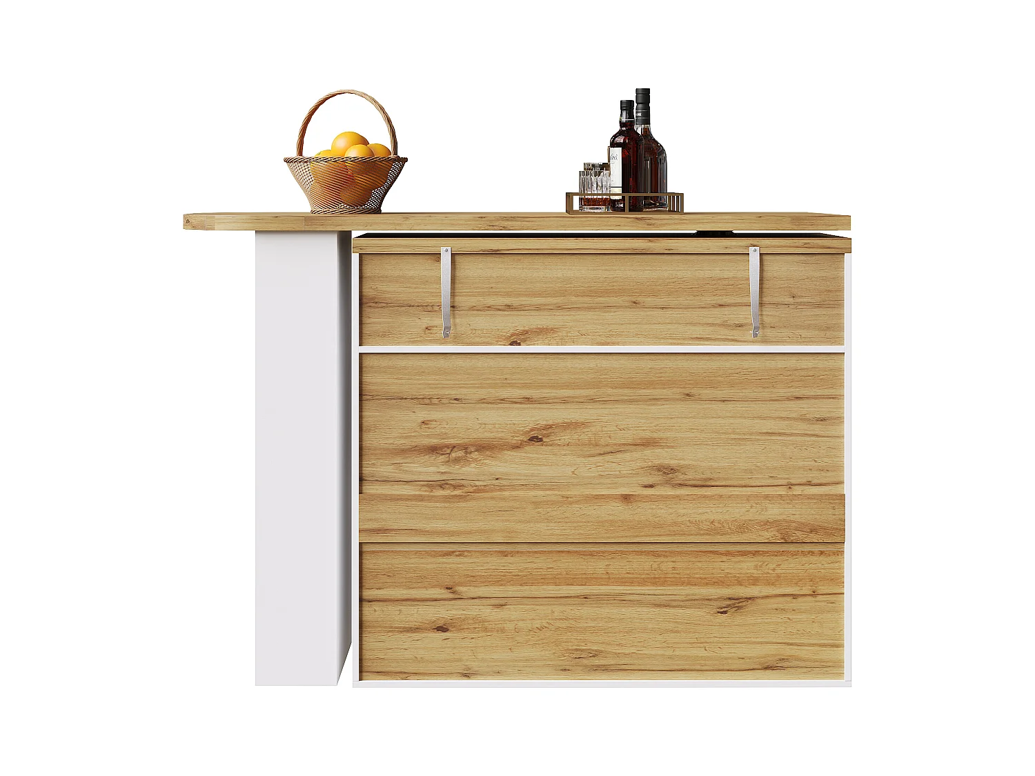 Credenza bar - mobile contenitore estensibile con cassetti e rotazione a 360°, bianco, 138-204x39x104 cm