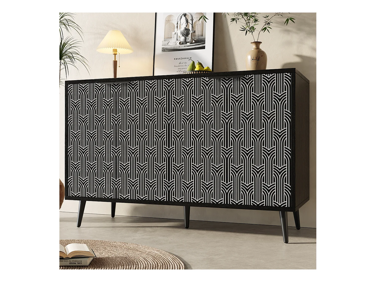 Aparador moderno con 4 puertas talladas - 120 x 35 x 78 cm - MDF - para comedor y salón, Negro