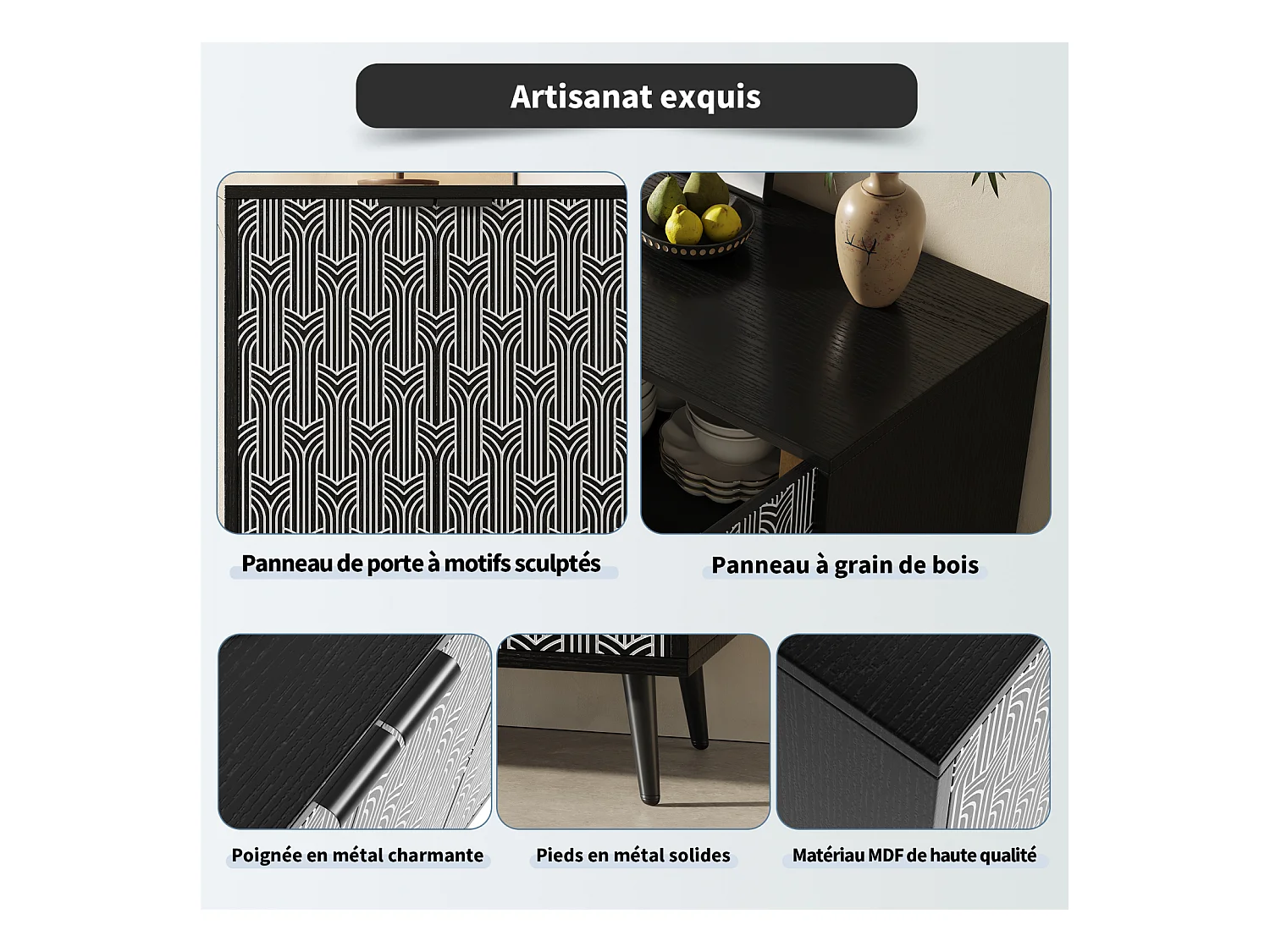 Aparador moderno con 4 puertas talladas - 120 x 35 x 78 cm - MDF - para comedor y salón, Negro