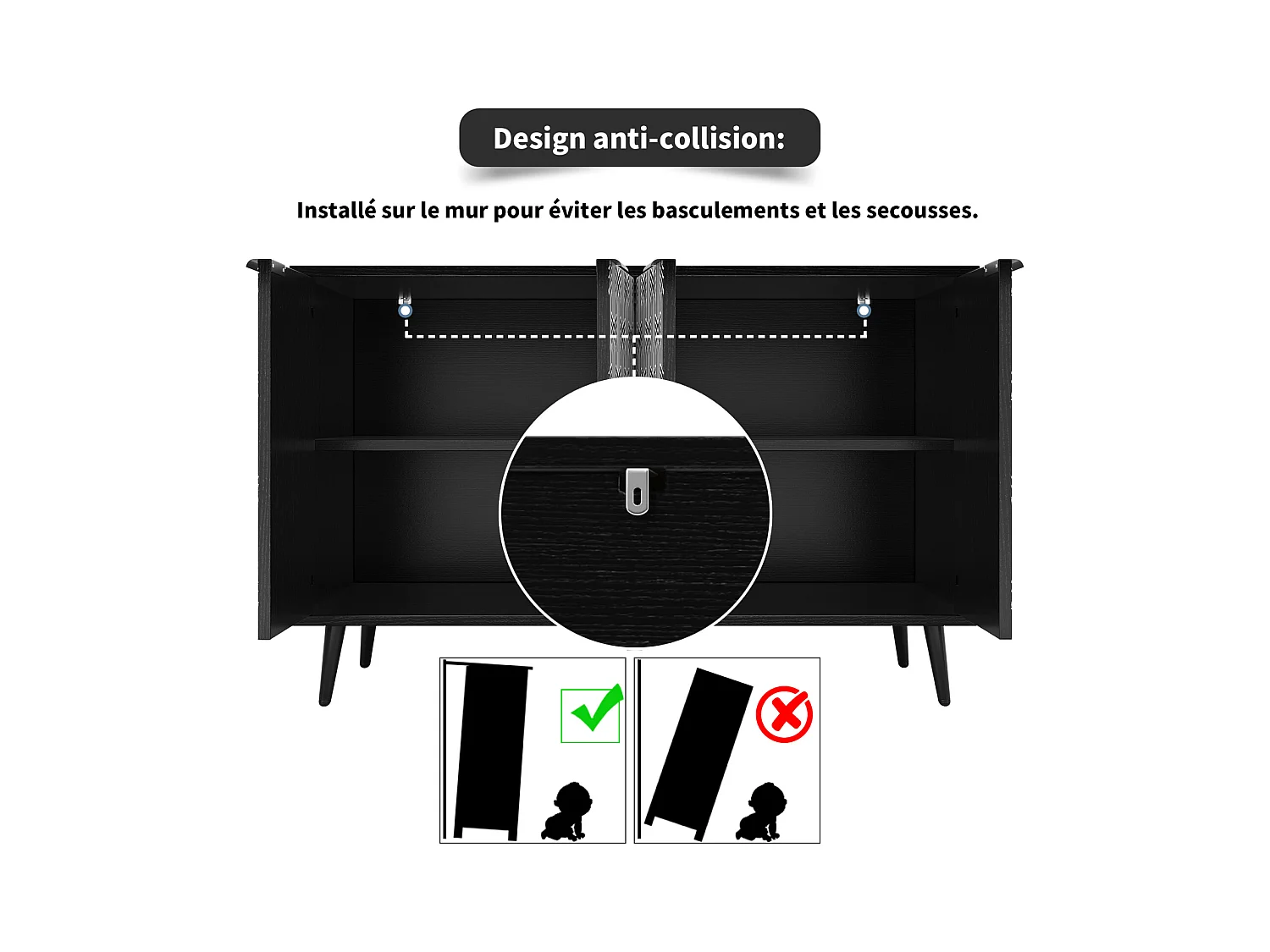 Aparador moderno con 4 puertas talladas - 120 x 35 x 78 cm - MDF - para comedor y salón, Negro