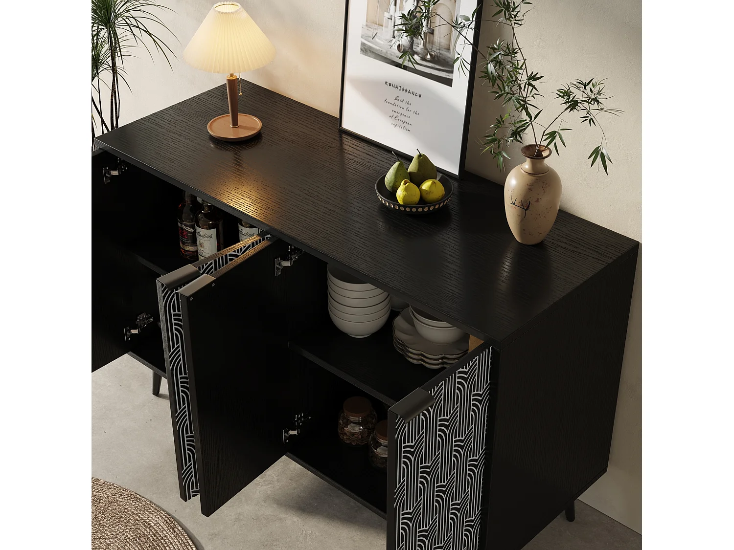 Buffet moderne avec 4 portes sculptées - 120 x 35 x 78 cm - MDF - pour salle à manger et salon, Noir