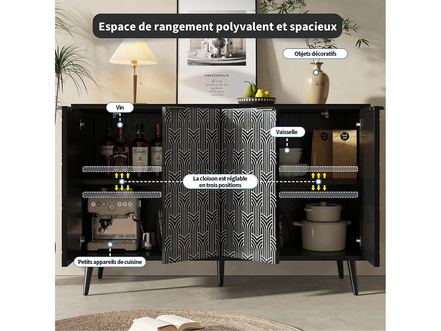 Buffet moderne avec 4 portes sculptées - 120 x 35 x 78 cm - MDF - pour salle à manger et salon, Noir